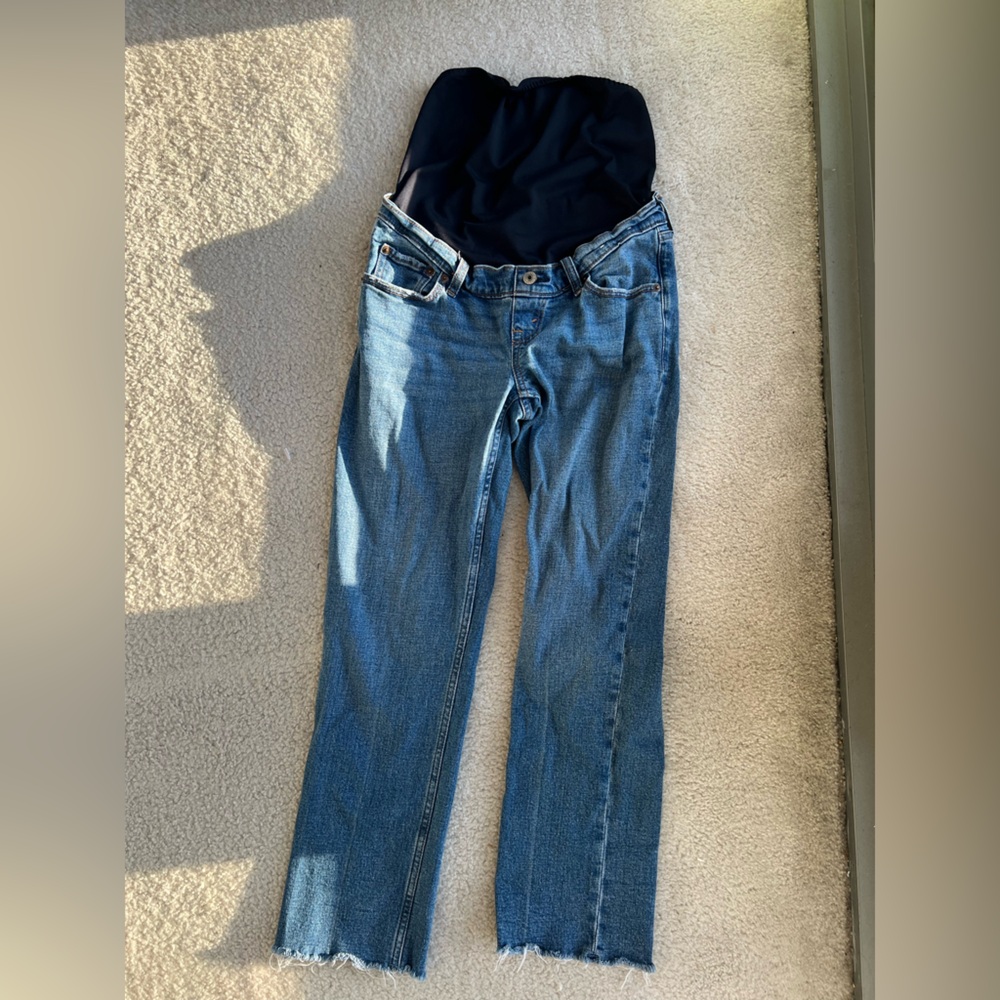 Abercrombie & Fitch Men's Blue Straight-Leg Jeans with Black Waist Panel